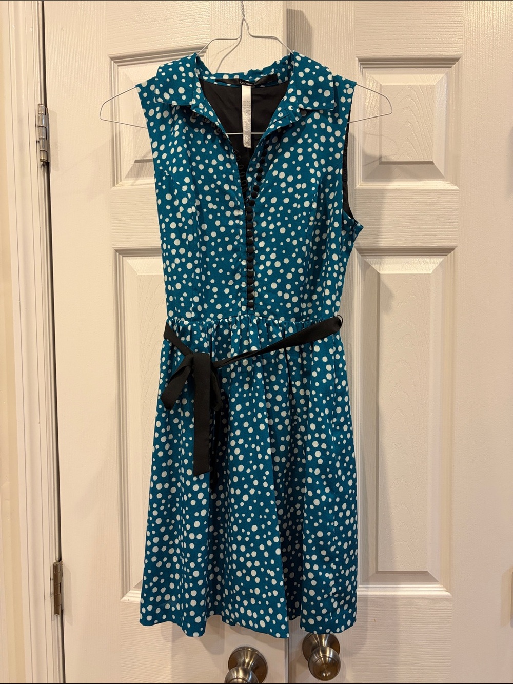 Kensie Sleeveless Teal Polka Dot Fit & Flare Dress with Black Waist Tie